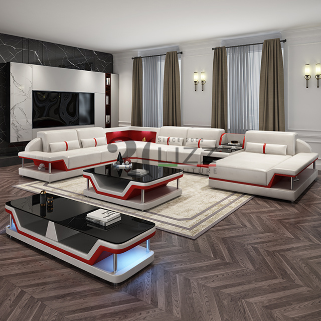 Divani Casa European Ledersofa Luxury Couch Furniture Led Leather Sofa with Coffee Table and TV Unit