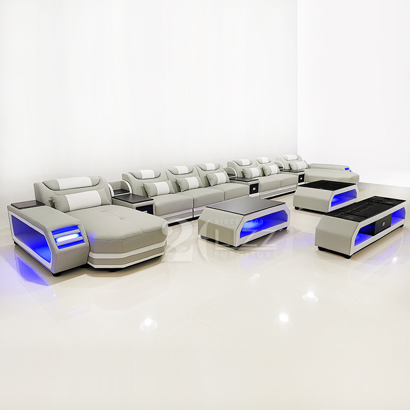 Customized Extra Large Living Room Italian Leather Couch Double Chaise Sectional LED Sofa