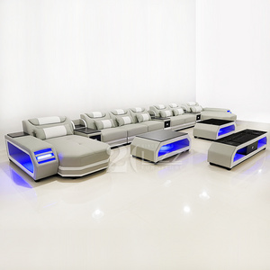 Customized Extra Large Living Room Italian Leather Couch Double Chaise Sectional LED Sofa