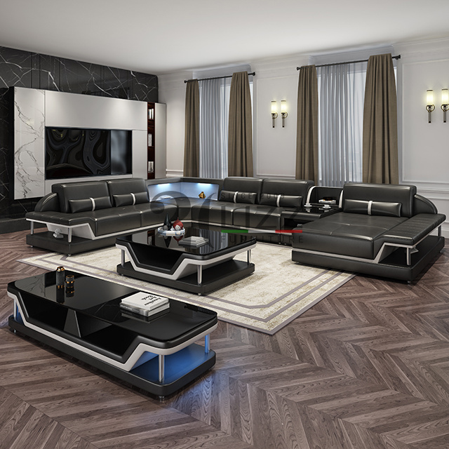 Divani Casa European Ledersofa Luxury Couch Furniture Led Leather Sofa with Coffee Table and TV Unit