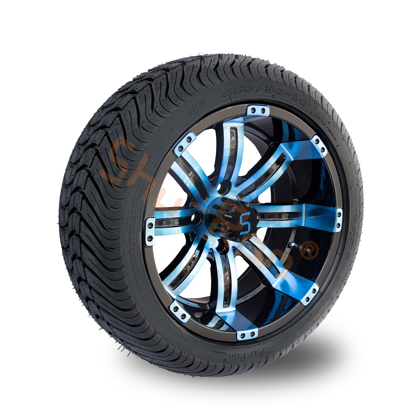 225/30-14 Blue Glossy Black Aluminum Alloy Golf Cart Wheels and Tires for EZGO Club Car YMH