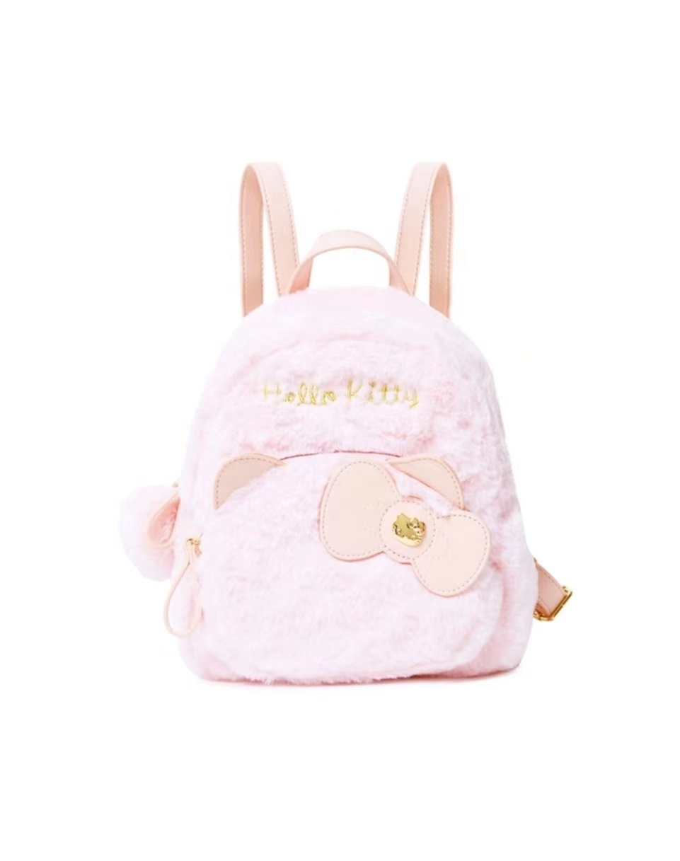 2024 Sanrio New Arrival Cherry Blossom Pink Hello Kitty Plush Backpack PU Leather Soft Fur Plush School Bag for Girls