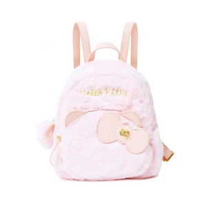 2024 Sanrio New Arrival Cherry Blossom Pink Hello Kitty Plush Backpack PU Leather Soft Fur Plush School Bag for Girls