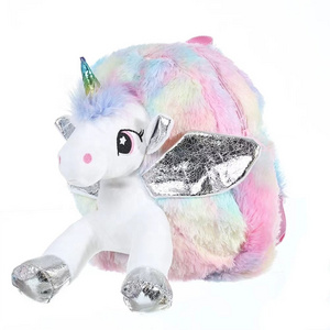 Kids Custom Unicorn Plush Backpack Rainbow Colorful Peluches Animated School Bag for Kindergarten Children