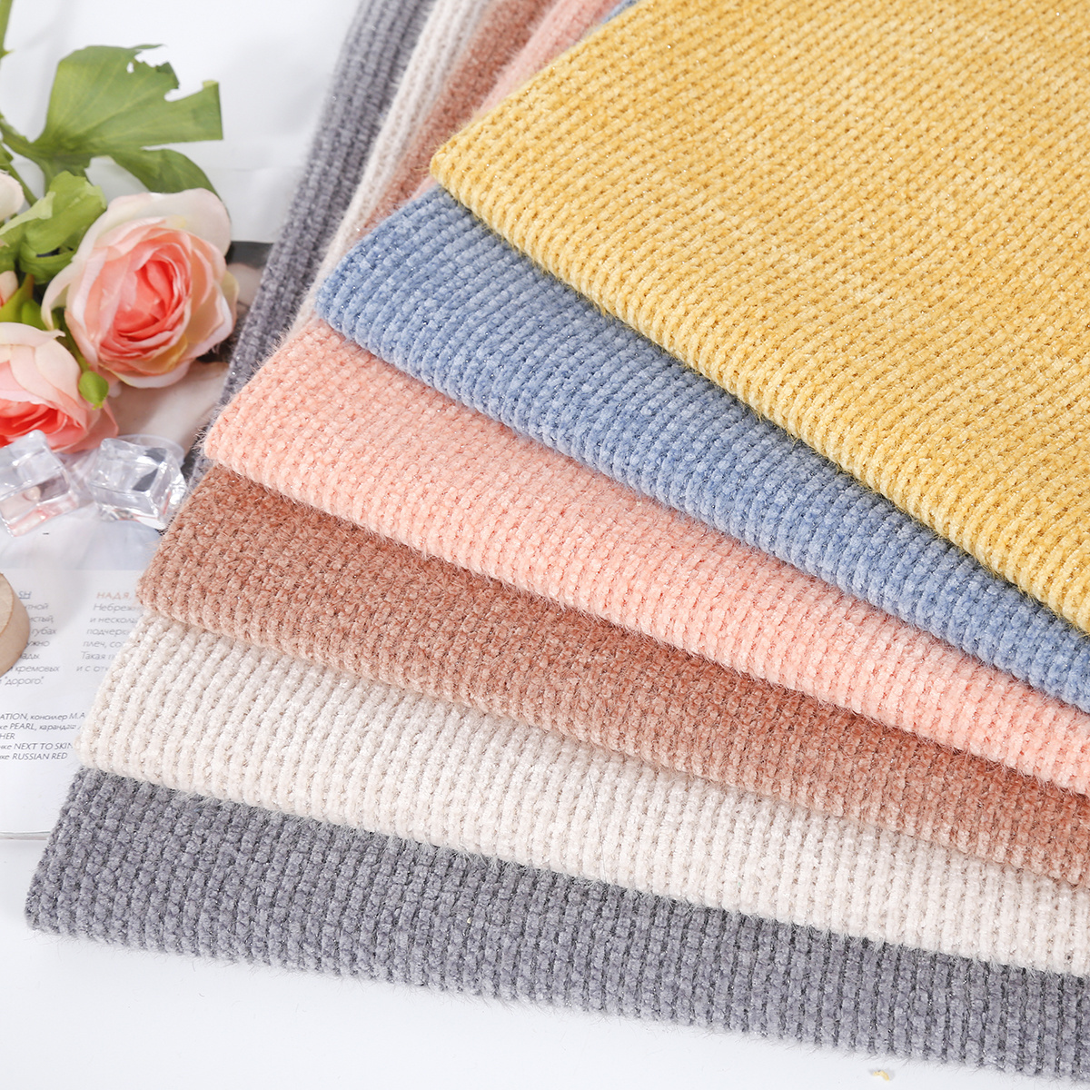 High grade custom polyester nylon 500gsm yarn dyed stripe knitted microfiber chenille fabric for winter women sweater