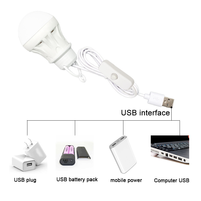 DC5V with switch Plastic Energy Saving outdoor Lighting Portable Rechargeable USB Bulb Charging LED Emergency Light