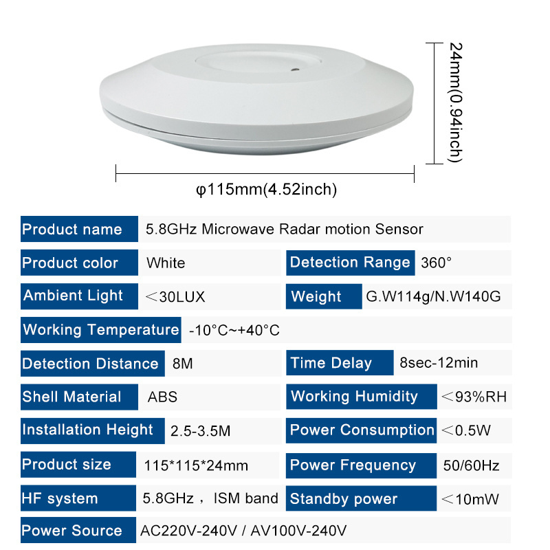 AC220V 5.8GHz 360 Degree ultra thin microwave radar motion sensor LED light Ceiling Surface Mounted microwave motion sensor