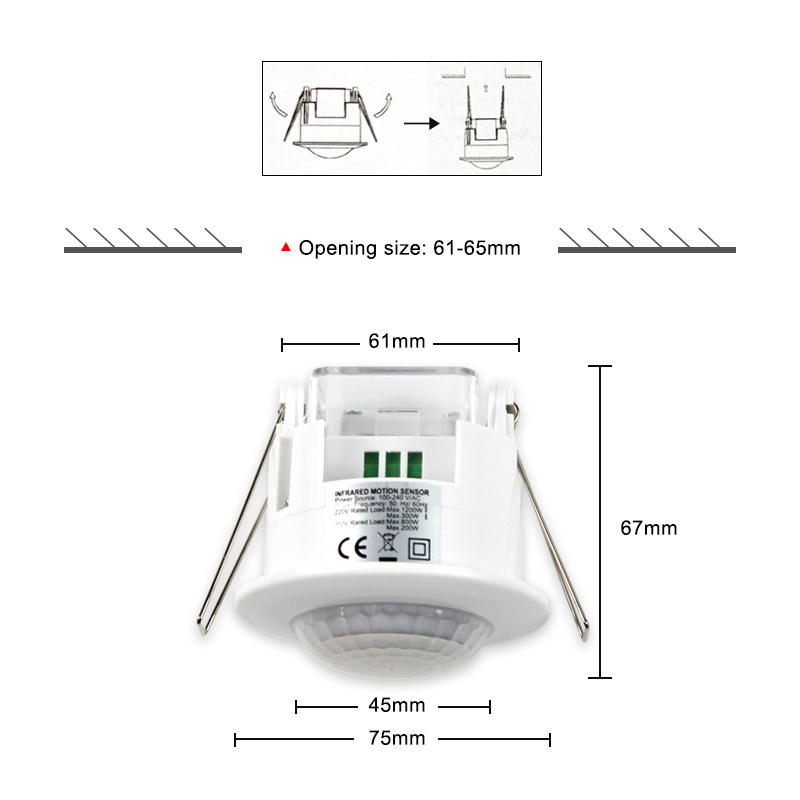 AC220V Indoor wall ceiling Embedded mount 360 degree PIR Motion sensor Detector adjustable Time Delay motion sensor