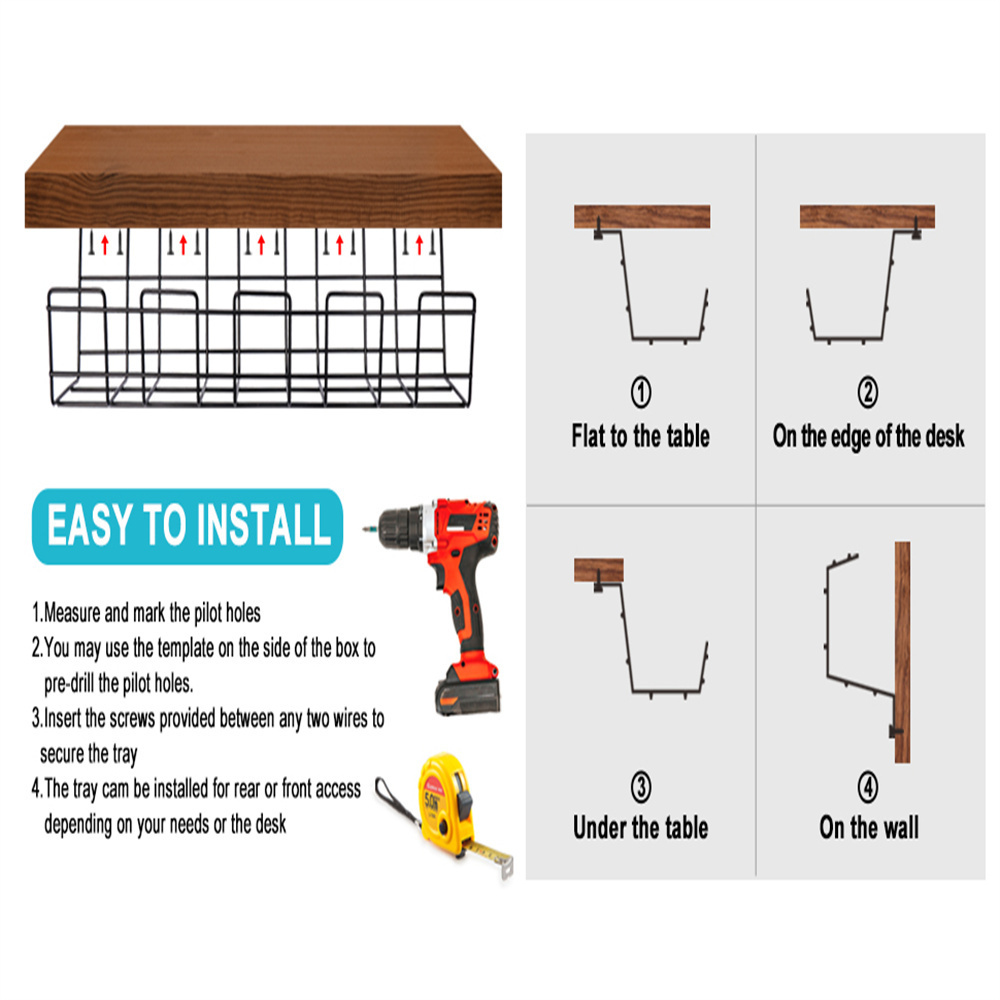 High Utility No Drill Metal Mesh Under Desk Cable Management Tray Wire Desk Cord Organizer for Home Office Standing Desk