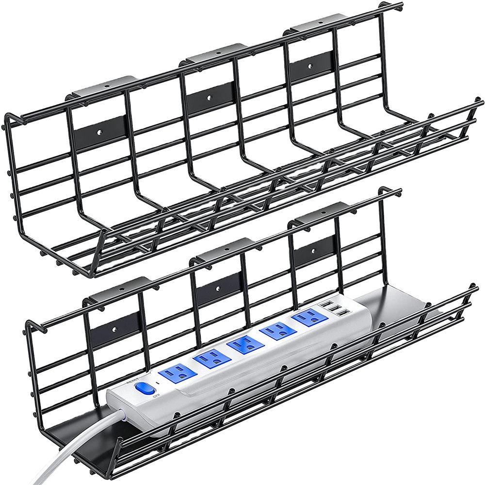 No Drill Cable Management Tray Under Desk Metal Under Desk Wire Management with Clamp Cord Organizer Rack