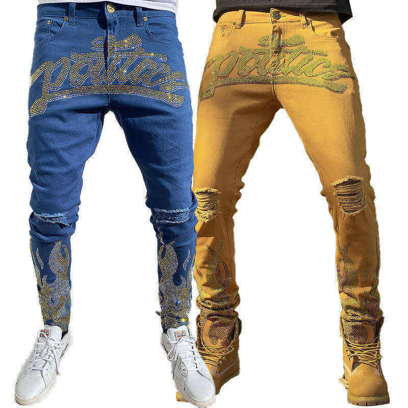 Custom Wash Distressed Rhinestone Denim Pants Softer Elastane Twill Skinny Fitting Men's Jeans