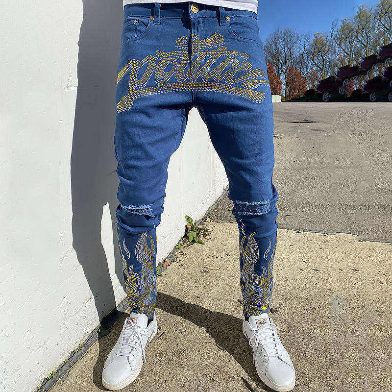 Custom Wash Distressed Rhinestone Denim Pants Softer Elastane Twill Skinny Fitting Men's Jeans