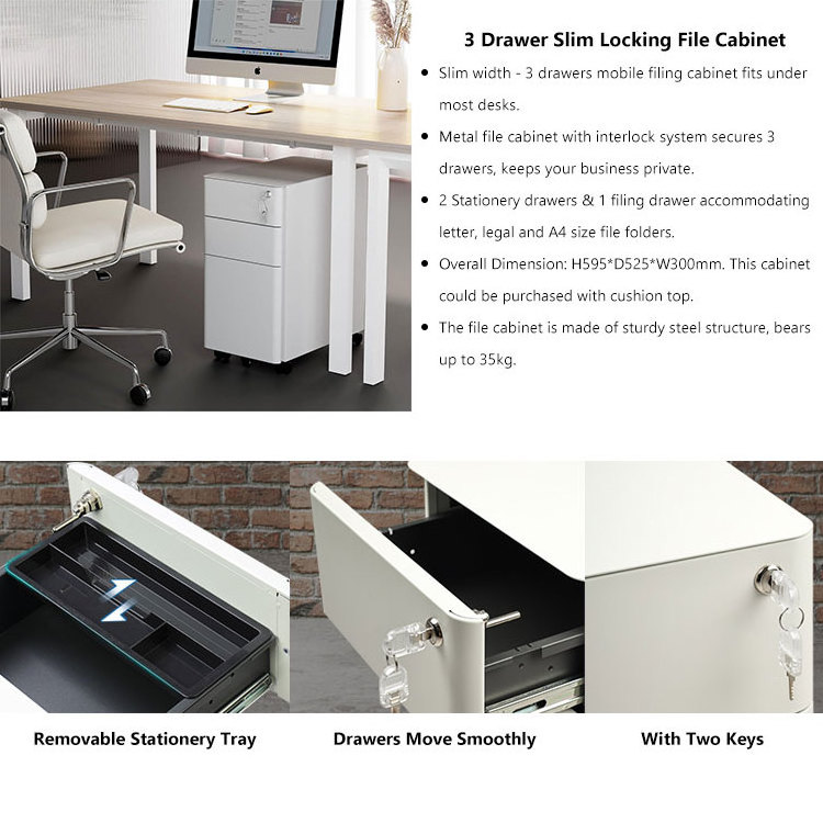 under desk slim white black locking small luxury modern home storage furniture 3 drawer mobile steel office metal file cabinet