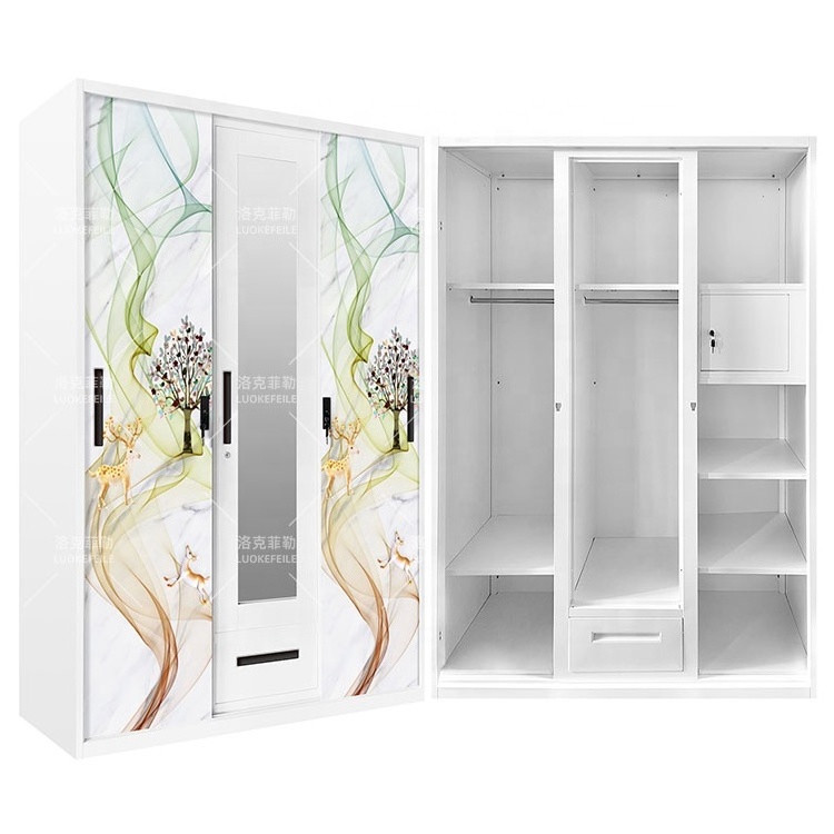 modern furniture steel bedroom sliding 3 door almirah price cabinet simple design mirror clothes closet metal wardrobes