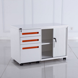 shutter door beauty movable steel metal mobile storage 3 drawer pedestal cabinet with tambour door