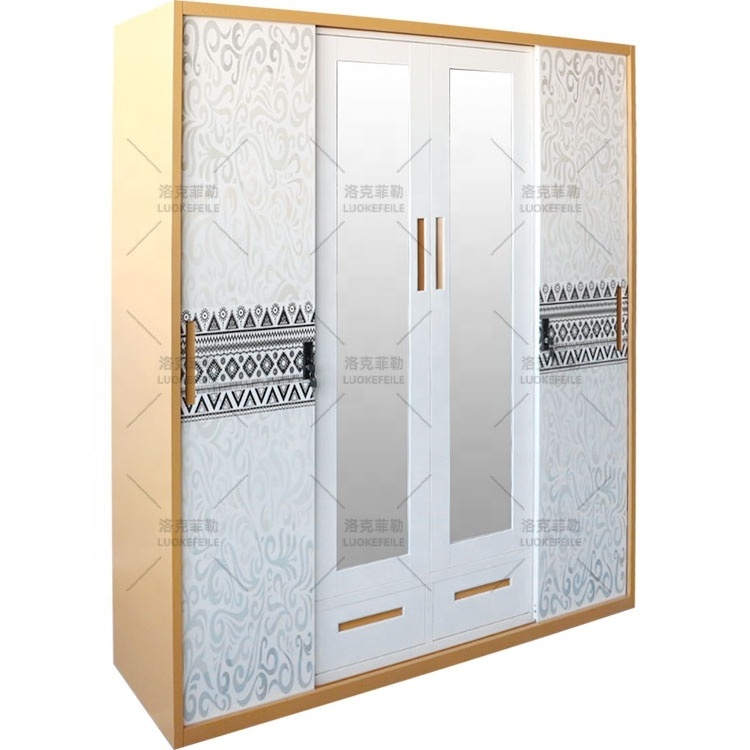 iron cabinet steel furniture bedroom simple design almirah sliding printing mirror clothes closet metal 4 door wardrobe