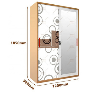 bedroom furniture iron mirror customized pattern almirah cabinet metal closet 2 sliding door steel printed glass wardrobe