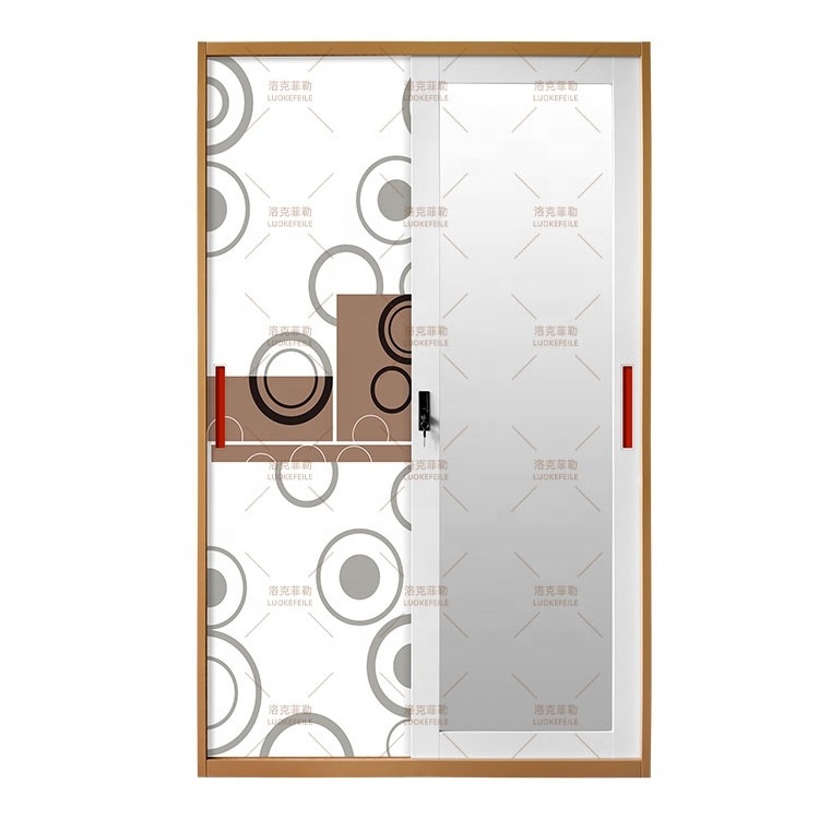 bedroom furniture iron mirror customized pattern almirah cabinet metal closet 2 sliding door steel printed glass wardrobe