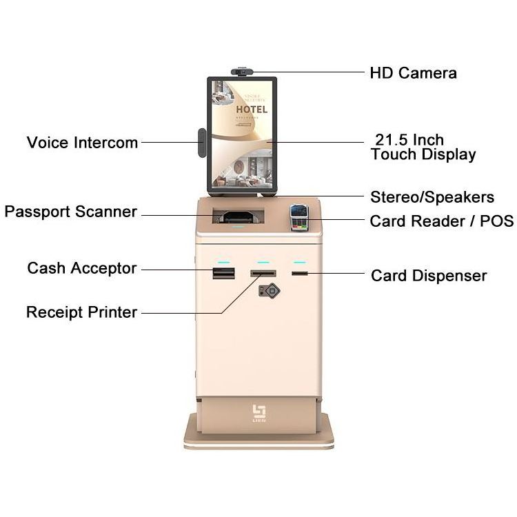 LIEN Self Service Passport Scanner Boarding Pass Printing Machine Floor Standing Kiosk Hotel Check In Kiosk Cash Payment Kiosk