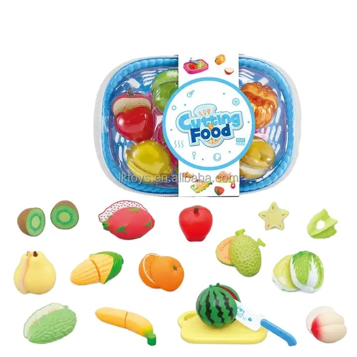 Cutting Play Food Toy for Kids Kitchen Pretend Fruit &Vegetables Accessories with Shopping Storage Basket