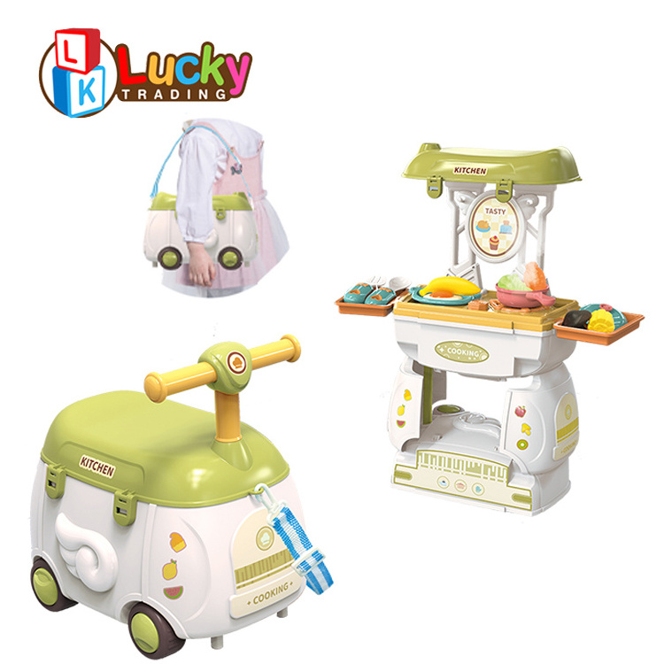 2 IN 1 Cartoon Car DIY Cooking Kitchen Kids Toys Play House Spray Kitchen Table Cooking Toys Set