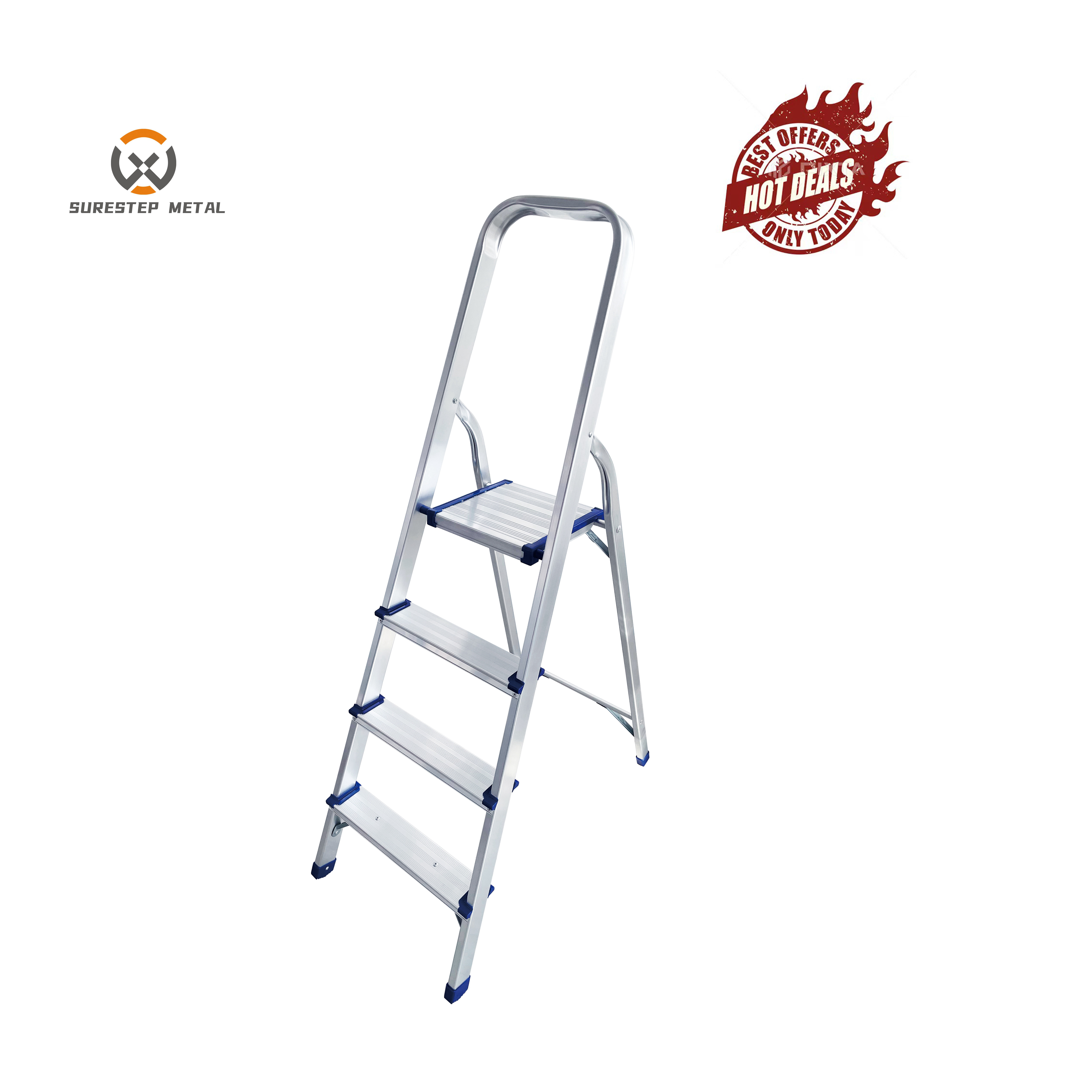 Aluminum Ladder Single Side Foldable 3/4/5/6 Steps Safety Portable Household Ladder With Low Handrail