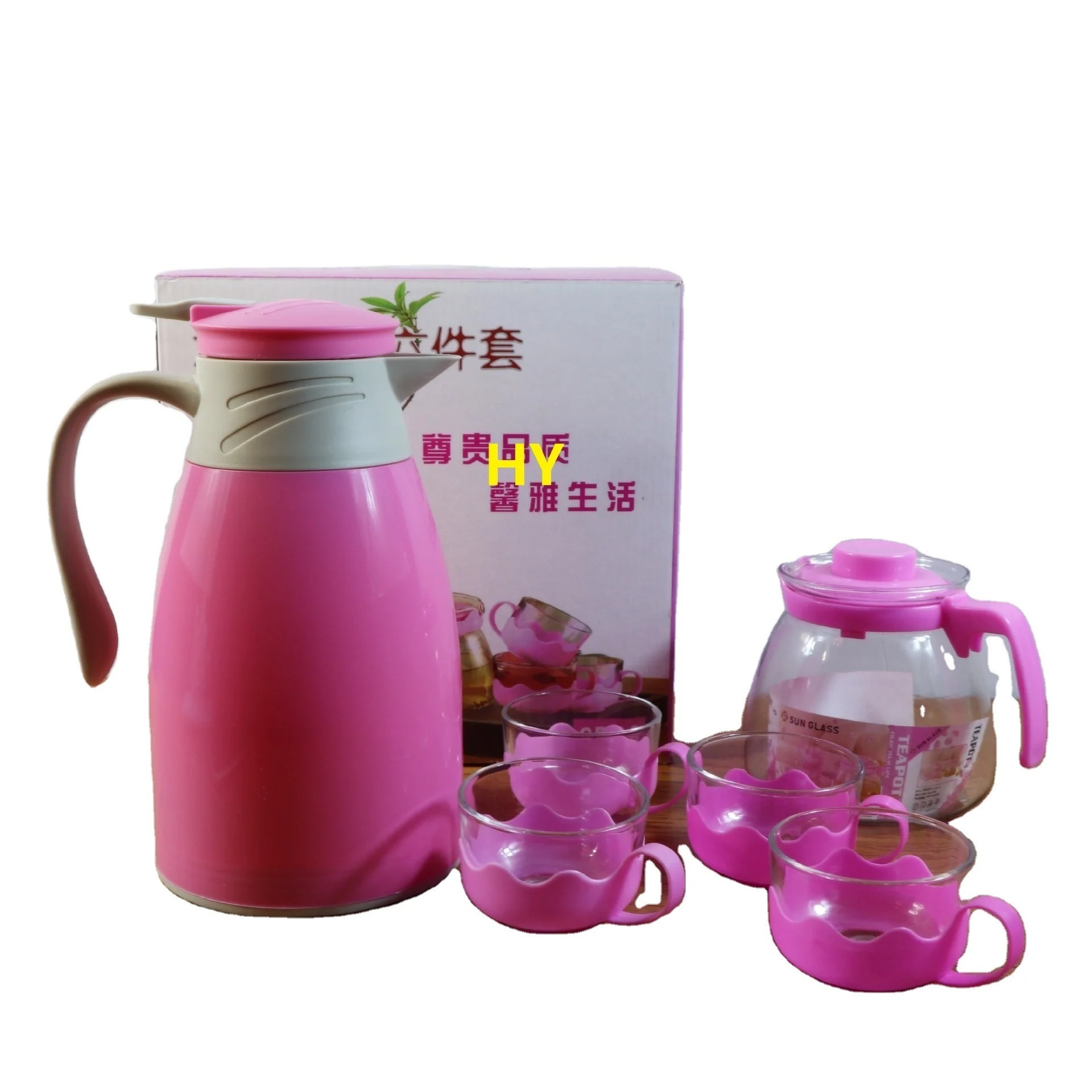 household glass teapot with gift box Indonesia Hot sale tea pot set Pink Flower coffee pot