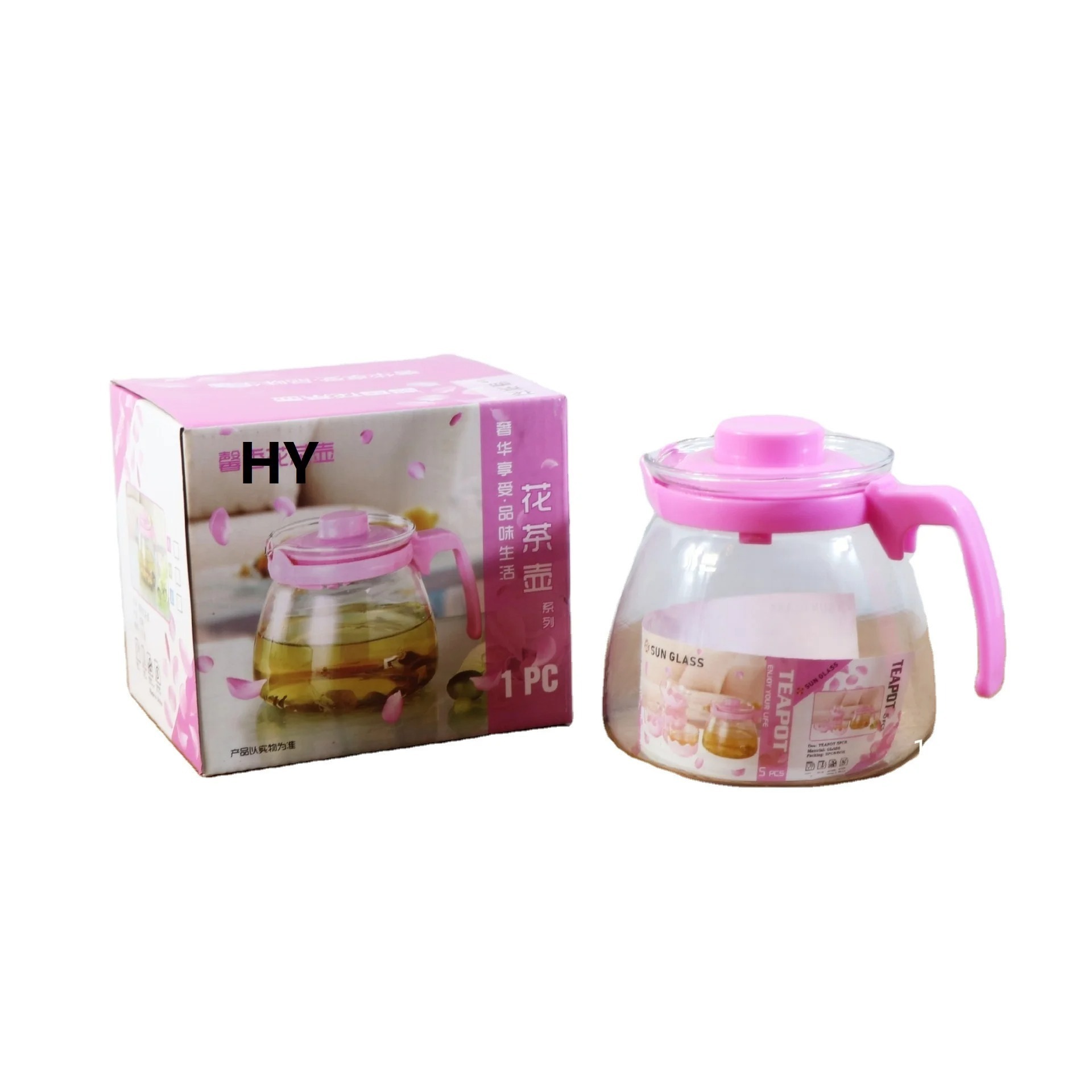 household glass teapot with gift box Indonesia Hot sale tea pot set Pink Flower coffee pot