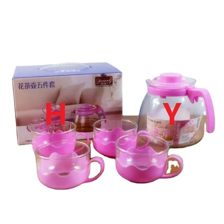 household glass teapot with gift box Indonesia Hot sale tea pot set Pink Flower coffee pot