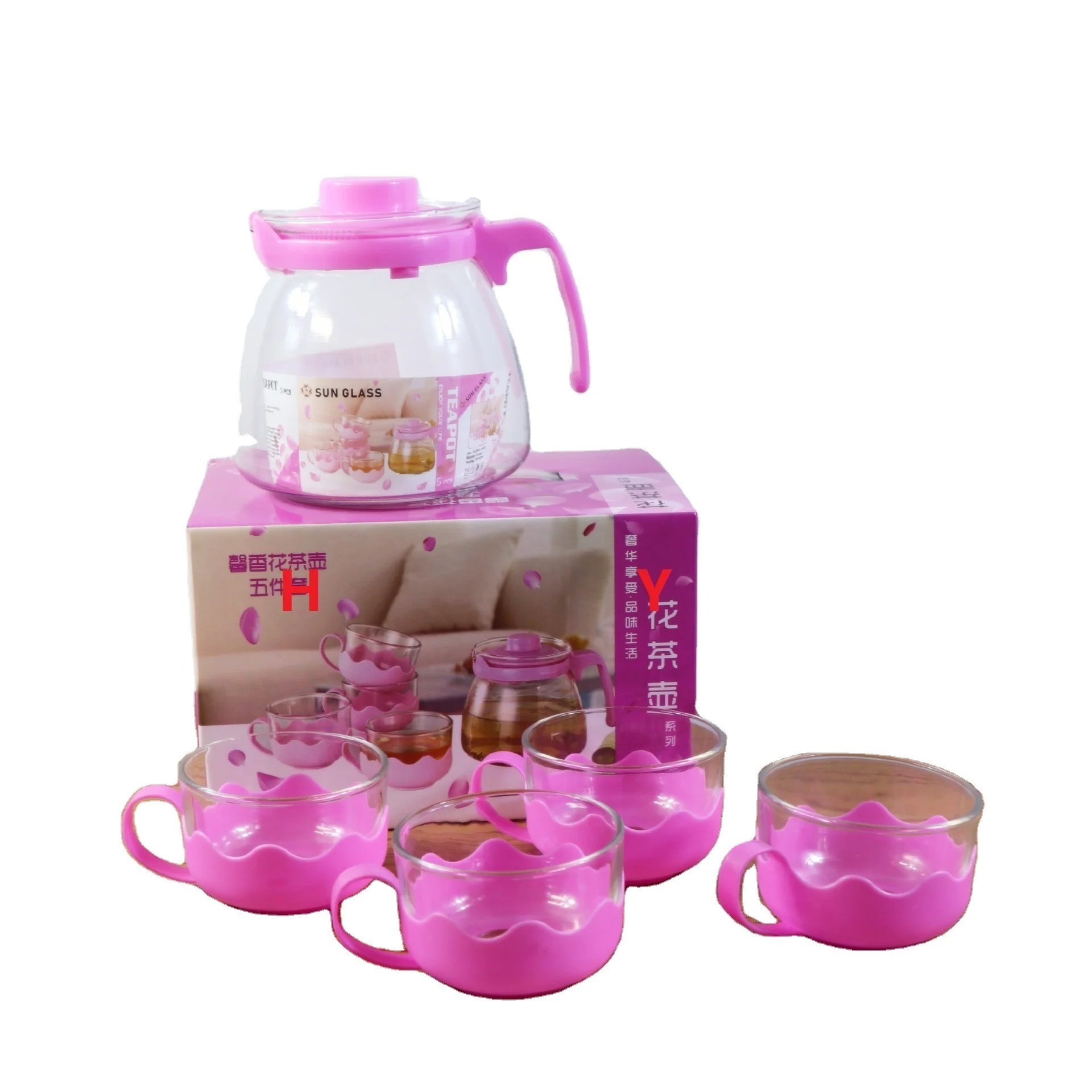 household glass teapot with gift box Indonesia Hot sale tea pot set Pink Flower coffee pot