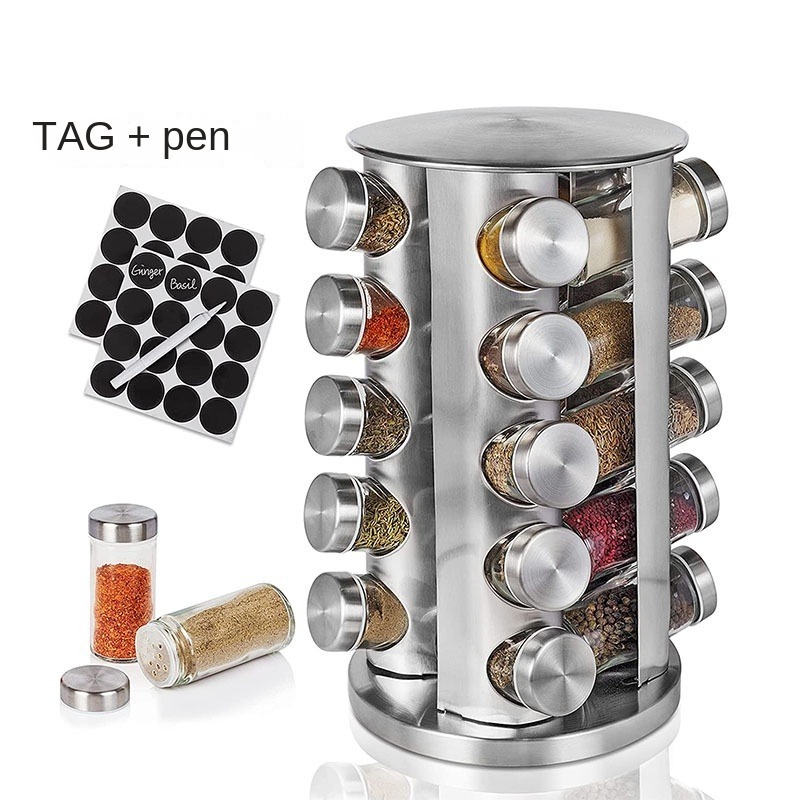 Rotating Essential Kitchen Storage Standing Seasoning Holder Tower Revolving Spice Rack Organizer with Jars Kitchen Accessories