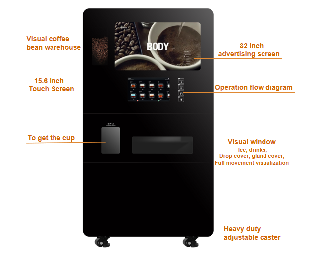 Full automatic commercial unmanned coffee vending machine with ice maker