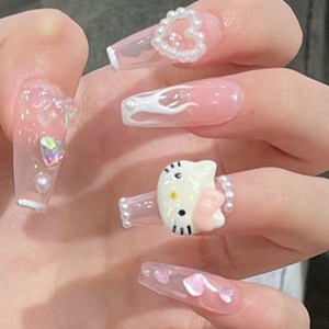 Newly HelloKitty Long Handmade Luxury Press on nails with Rhinestones Custom Long Coffin Stick On Fake Nails