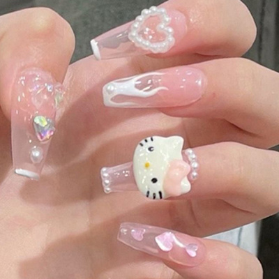 Newly HelloKitty Long Handmade Luxury Press on nails with Rhinestones Custom Long Coffin Stick On Fake Nails