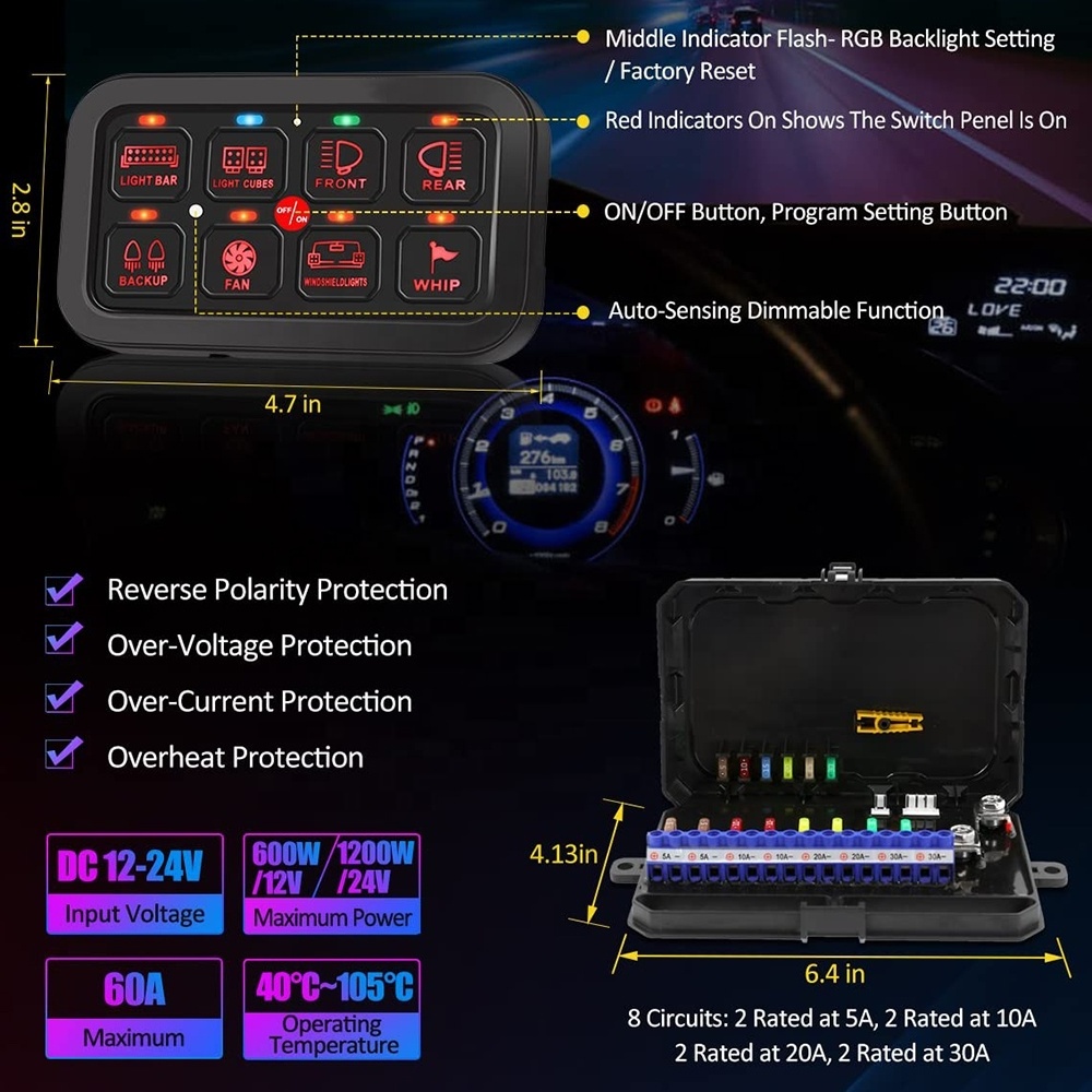 LLevo marine boat van truck car accessories rgb touch switch panel with app system rgb 8gang switch panel