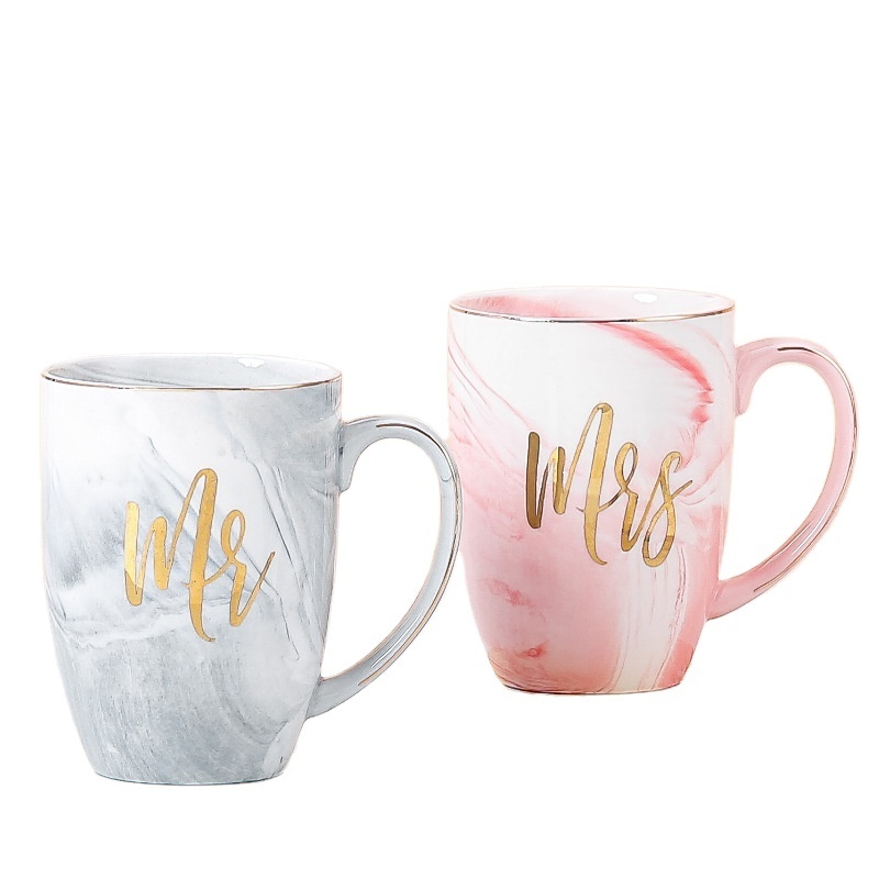 Ceramic Nordic Milk Tea Water Couple Mr Mrs Mug Glazed Coffee Cups with Gold Line Valentines Day Gift Box