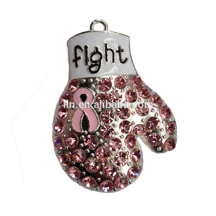 Silver PINK Ribbon BOXING GLOVE Rhinestone Pendant Breast Cancer Awareness Survivor Chunky Necklace Pendant  Beads