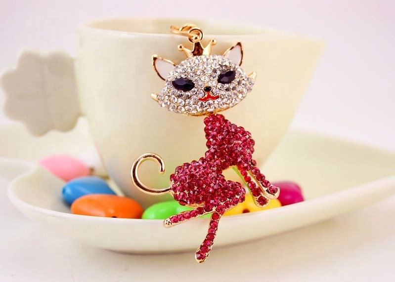 Cat Lady Crystal Rhinestone Pendant Key ring Charm Cat Key Chain for Women Jewelry