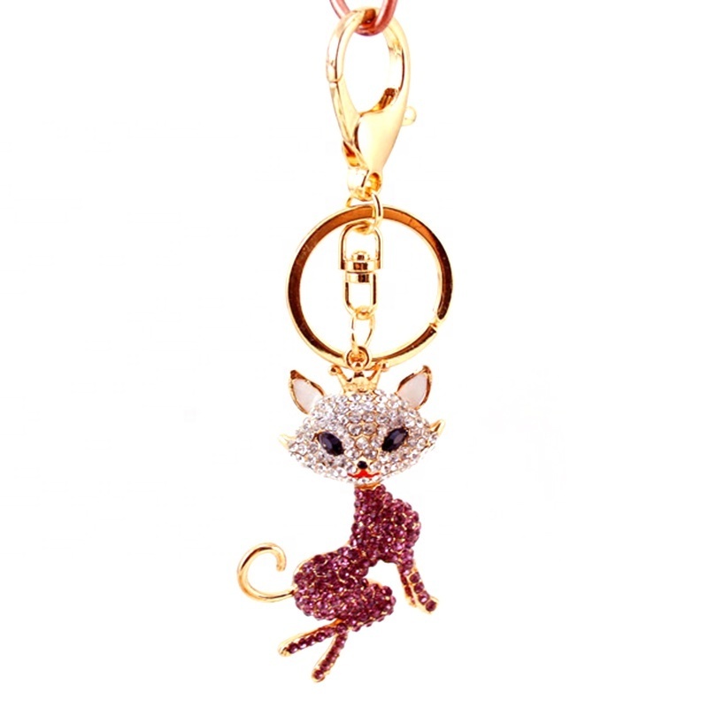 Cat Lady Crystal Rhinestone Pendant Key ring Charm Cat Key Chain for Women Jewelry