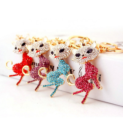 Cat Lady Crystal Rhinestone Pendant Key ring Charm Cat Key Chain for Women Jewelry