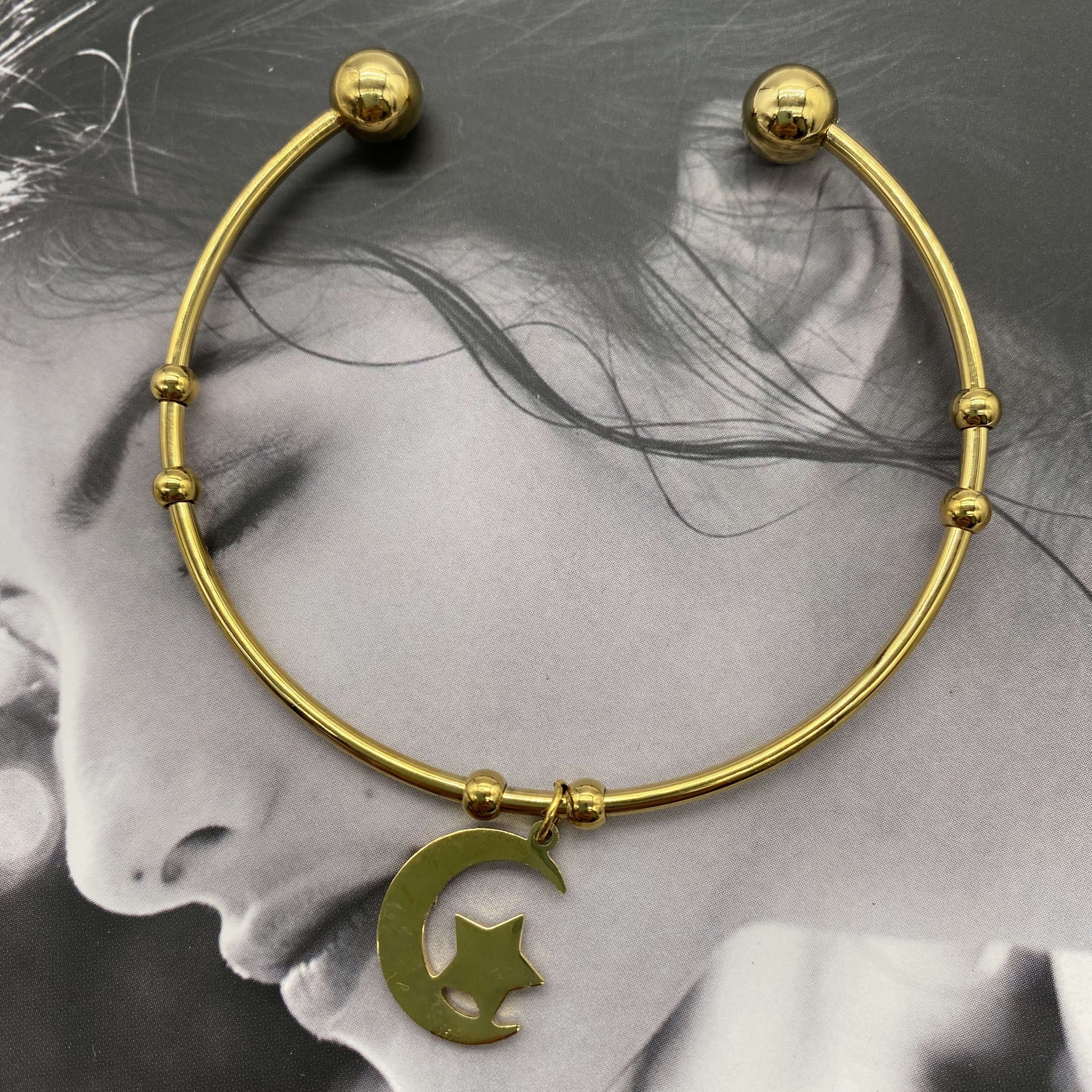 Gold Metal Stainless Steel Celestial Moon Star Cuff Bangle Romantic Simple Star Moon Charm Open Cuff Bangle