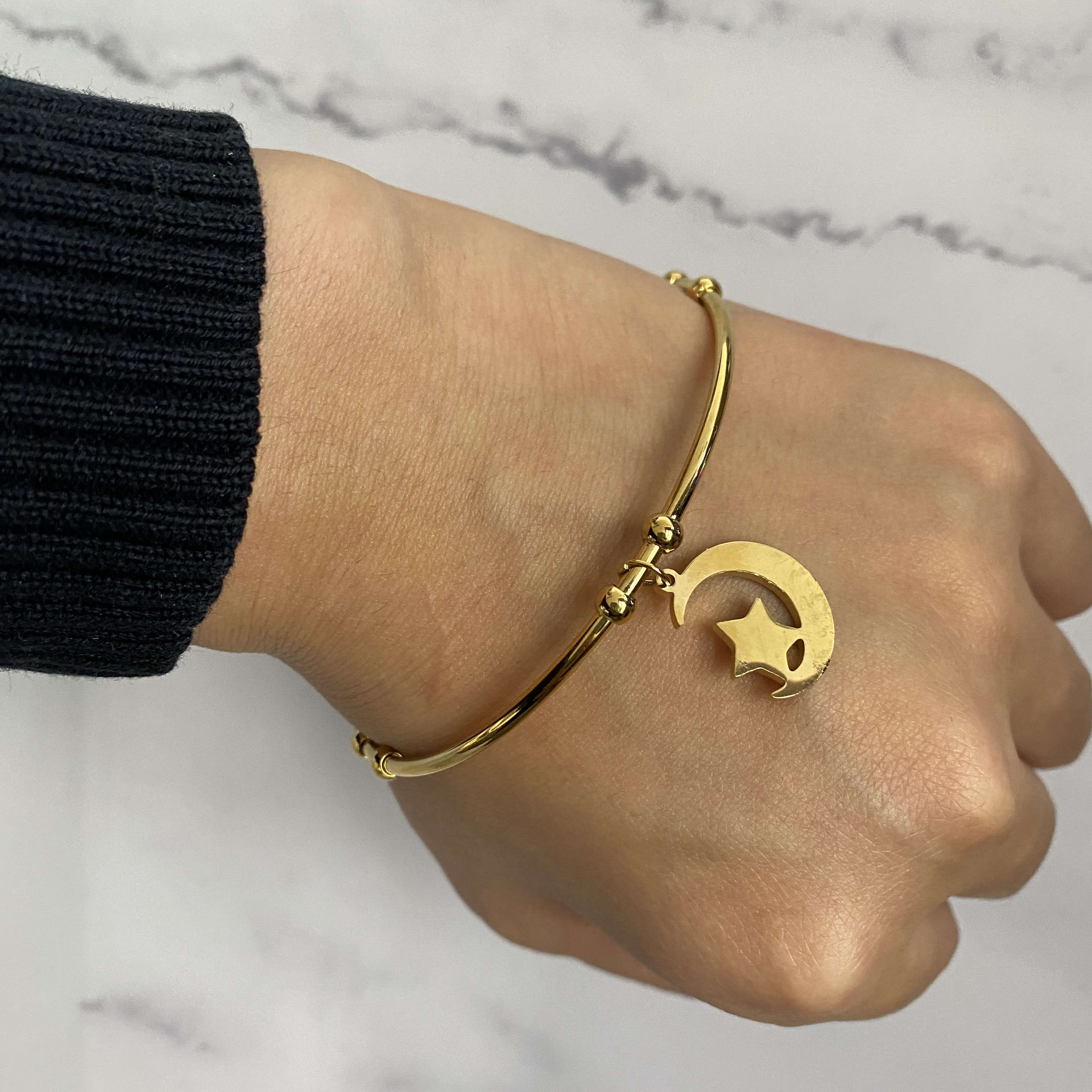 Gold Metal Stainless Steel Celestial Moon Star Cuff Bangle Romantic Simple Star Moon Charm Open Cuff Bangle