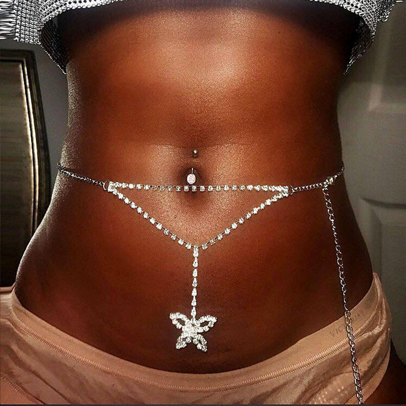 Women Sexy Rhinestone Butterfly Dance Body Belly Waist Chain Jewelry New For Bikini Dance Summer Body Jewelry