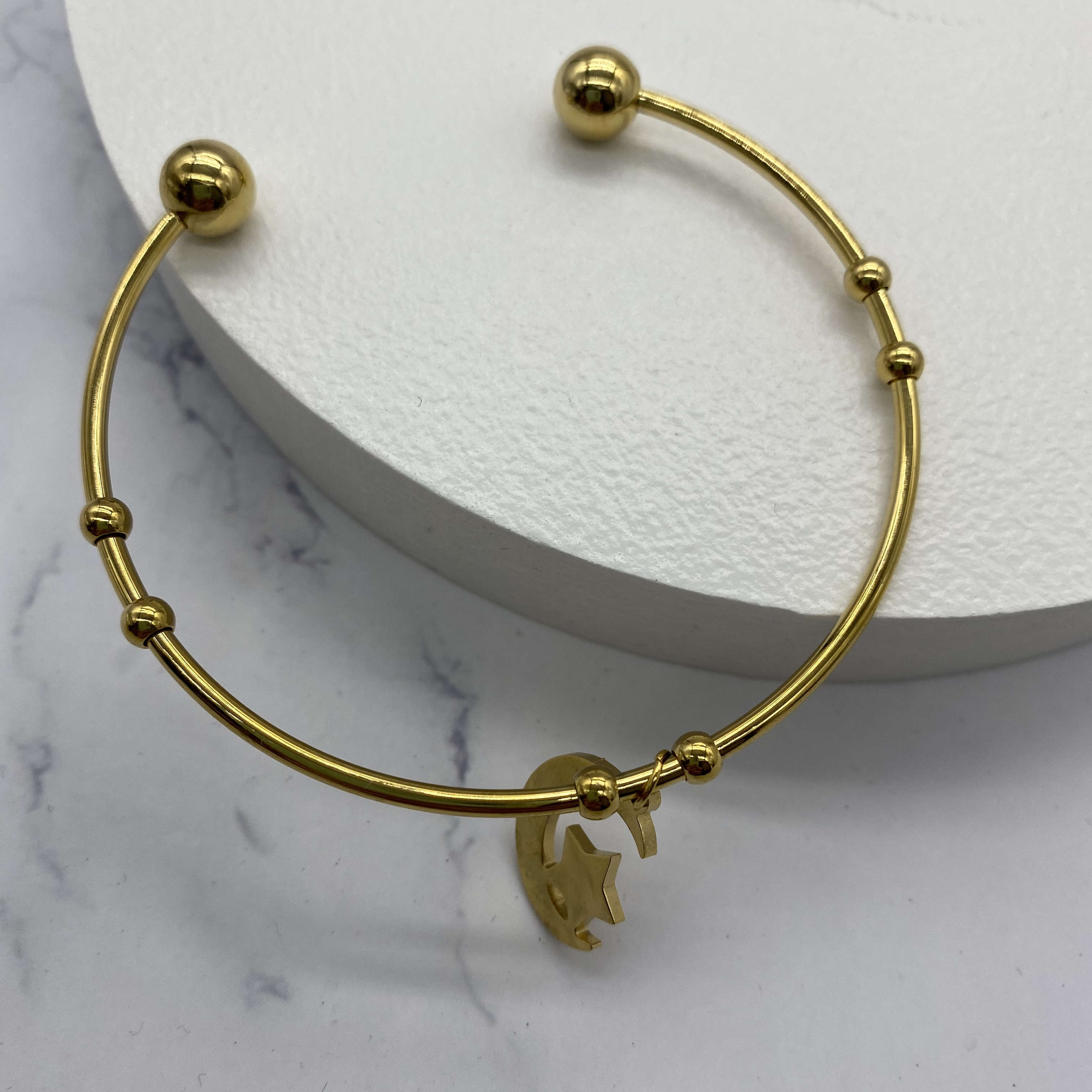 Gold Metal Stainless Steel Celestial Moon Star Cuff Bangle Romantic Simple Star Moon Charm Open Cuff Bangle