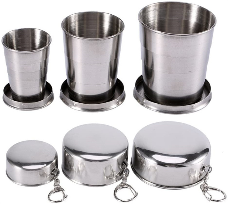 Collapsible Drink Glass Tumbler with Keychain Outdoor Travel Retractable Telescopic Portable Stainless Steel Folding Cup