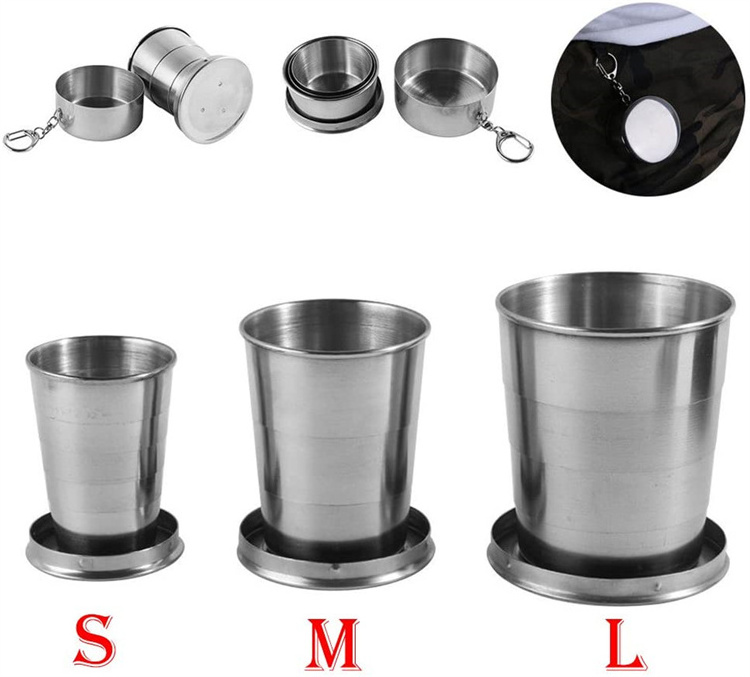 Collapsible Drink Glass Tumbler with Keychain Outdoor Travel Retractable Telescopic Portable Stainless Steel Folding Cup