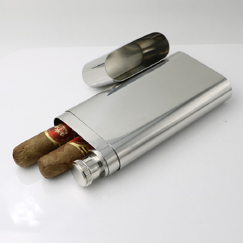 Stainless Steel Hip Flask Liquor Alcohol Bottle Holder with Cigar Case