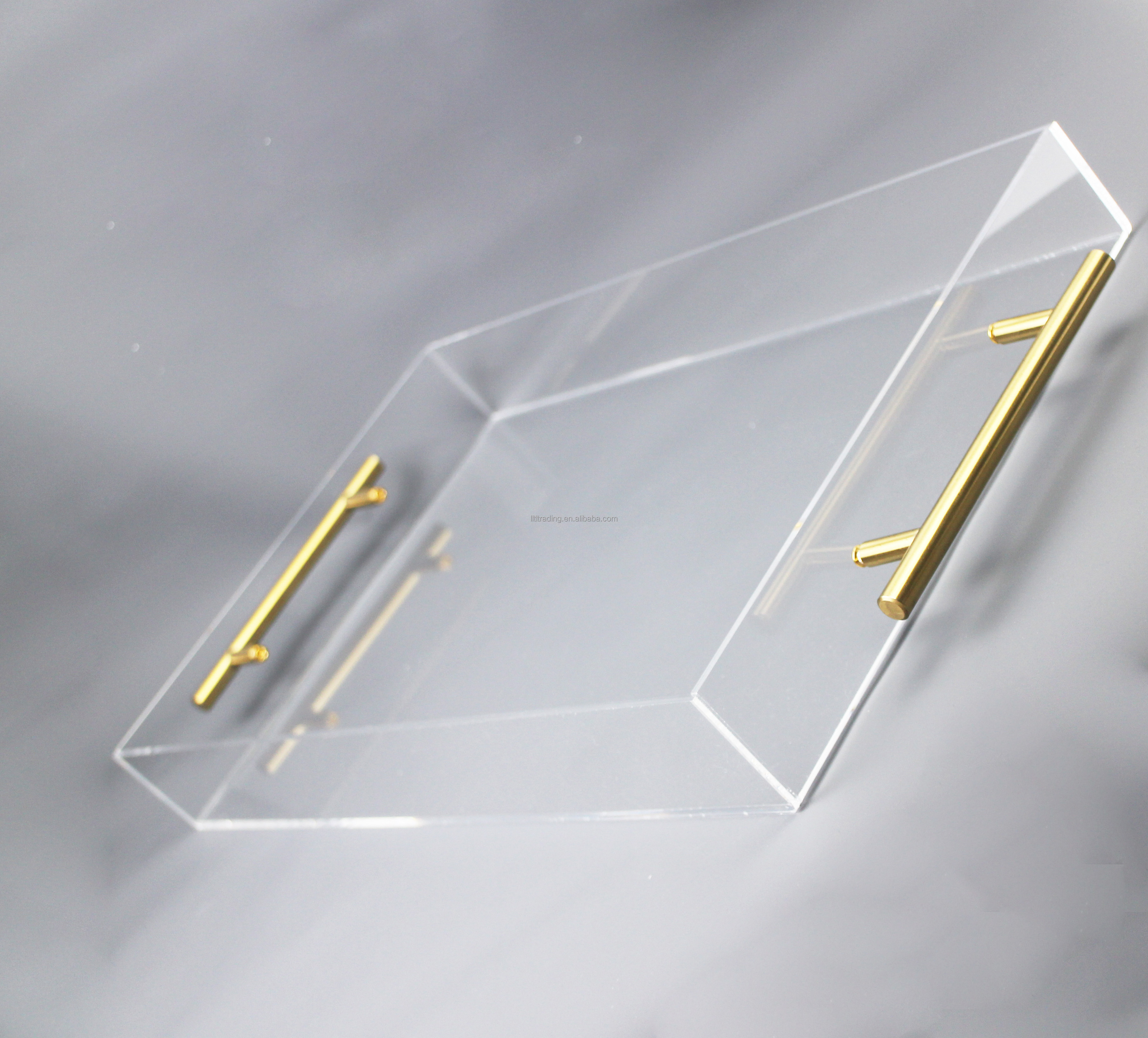 Customize luxury acrylic bed tray with gold/silver handles for breakfast home hotel transparent plexiglass lucite plastic tray