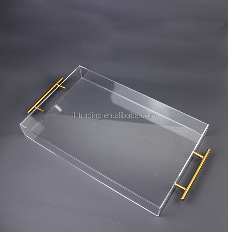 Customize luxury acrylic bed tray with gold/silver handles for breakfast home hotel transparent plexiglass lucite plastic tray