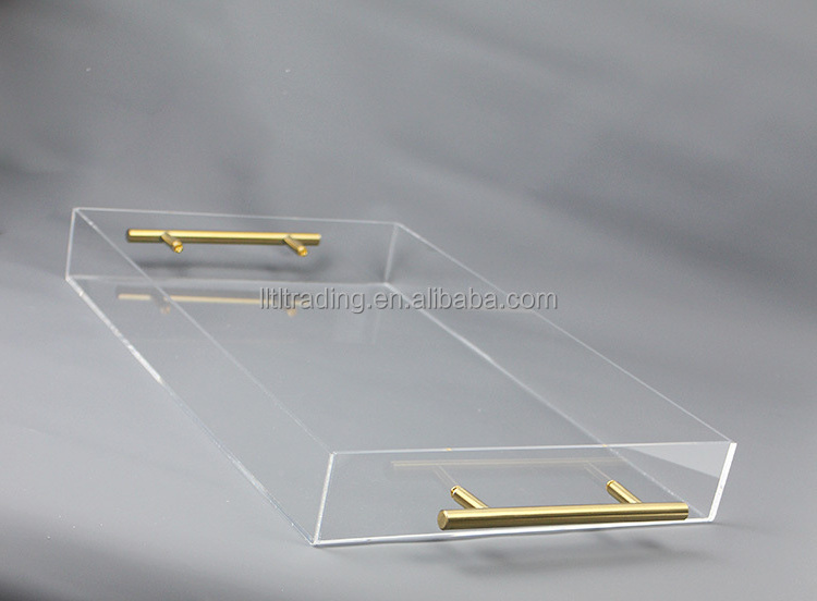 Customize luxury acrylic bed tray with gold/silver handles for breakfast home hotel transparent plexiglass lucite plastic tray